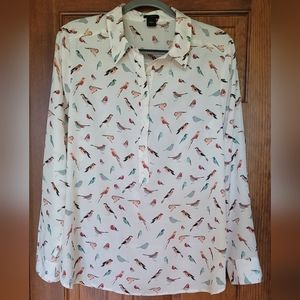 Ann Taylor Womens Bird Print White Button Blouse Collared Long Sleeve Large
